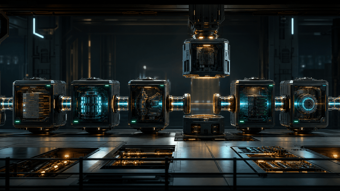A secure machine hall where independent AI capability modules connect through guarded interfaces while one module is safely replaced