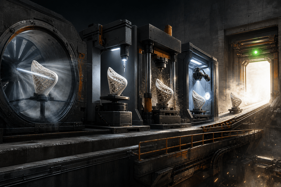 A strange industrial proving ground where AI-built artifacts pass through precision trials, stress chambers, and a guarded release gate