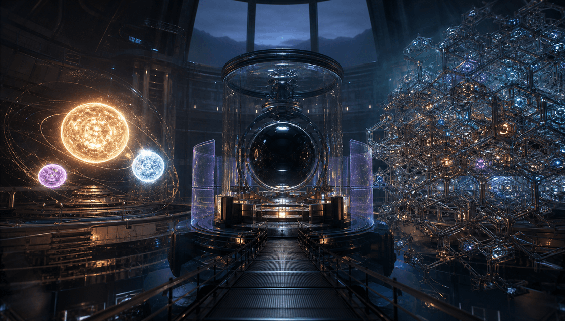 A dark research observatory containing three celestial model cores, a protected black-glass intelligence core, and a vast open lattice of expert modules