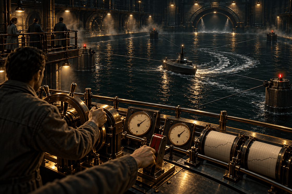 Engineers test whether an autonomous ship can be steered and stopped inside a dark naval test basin