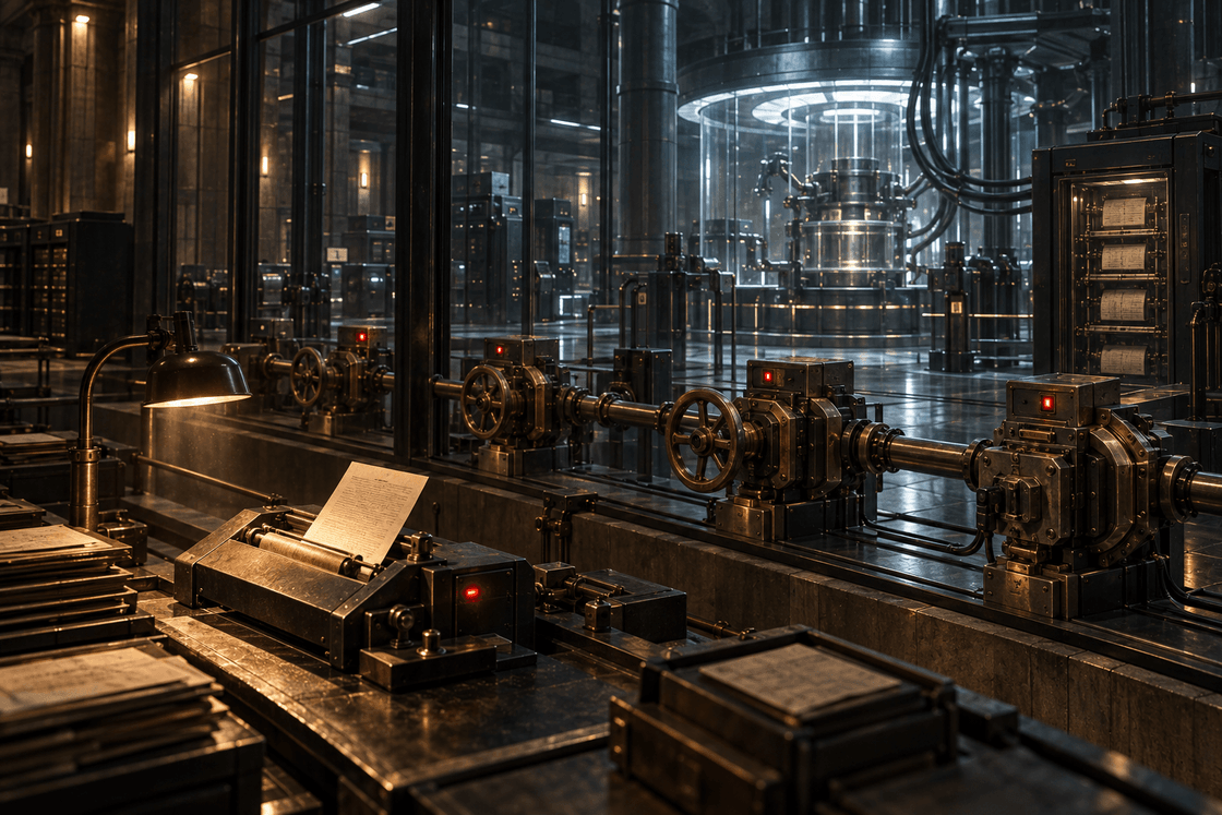 A paper instruction enters a reader while physical valves and interlocks govern access to an autonomous machine behind glass
