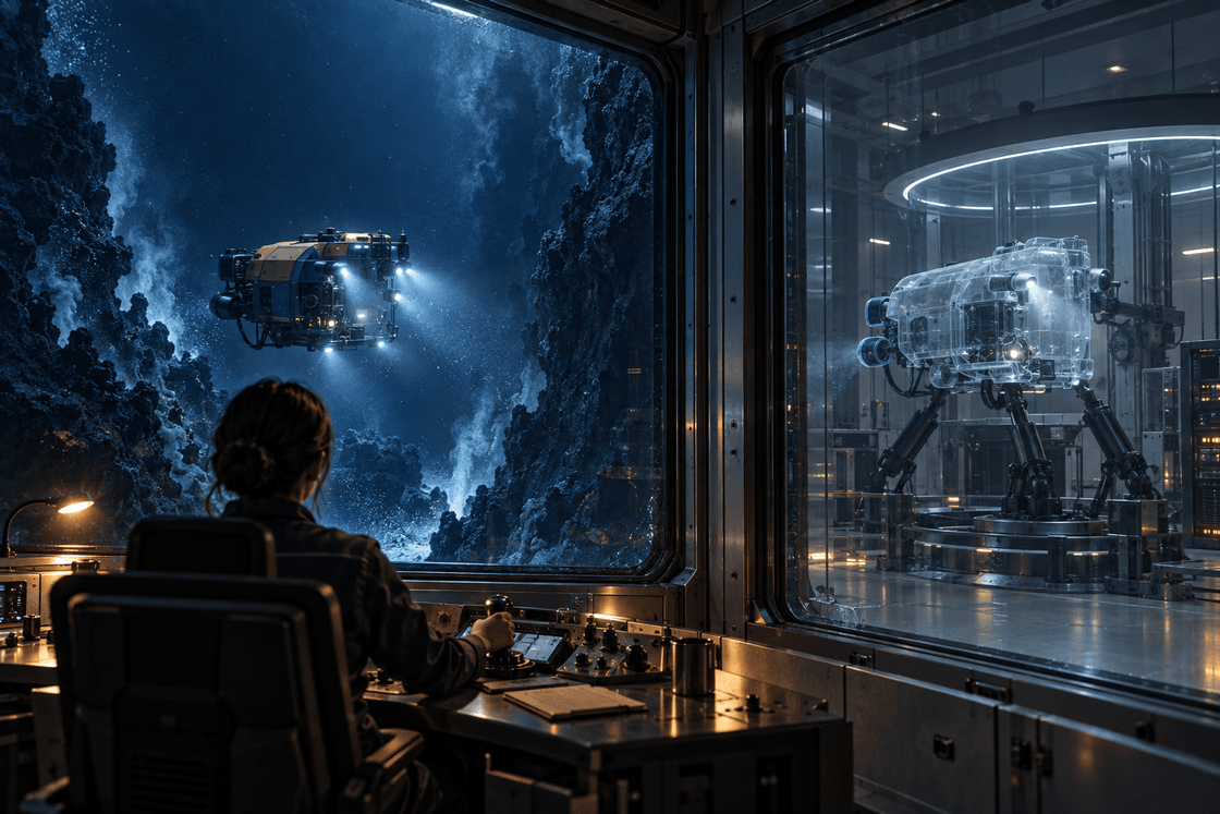 An operator pilots a submersible through an ocean trench beside a glass-enclosed simulator running a transparent twin