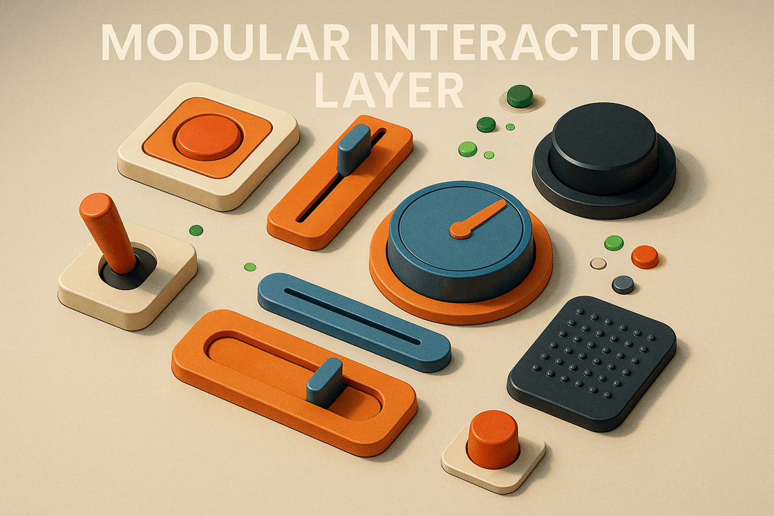 Cover illustration for Modular Interaction Layer showing reusable intent and feedback patterns across interfaces