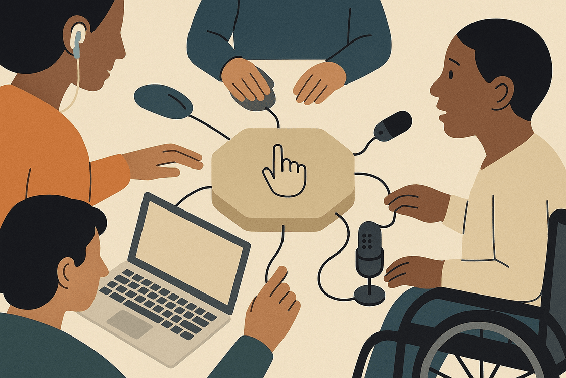 Cover illustration for Universal Interaction Framework showing touch, keyboard, and assistive inputs converging into shared interaction primitives