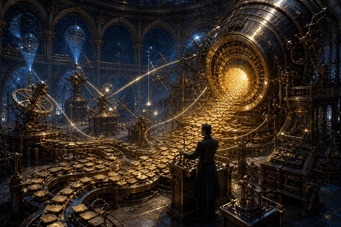 A vast mechanical observatory directs most work through efficient instruments while reserving one luminous resource-intensive engine for a difficult observation