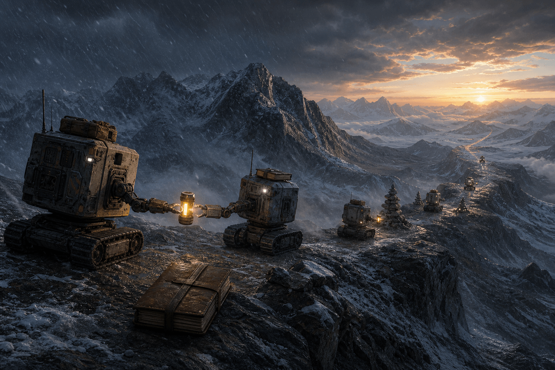 Rugged autonomous machines relay the same illuminated baton and field ledger across a stormy mountain route toward dawn