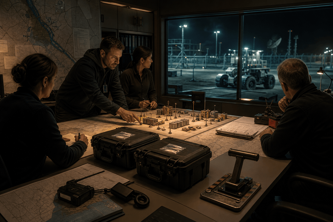A calm night operations team rehearses containment around a physical system model while the real autonomous machine remains visible through an observation window