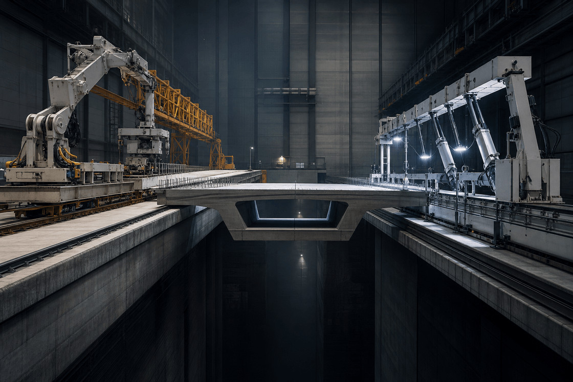 A bridge section built by one industrial rig is subjected to independent alignment and load tests by a separate inspection system