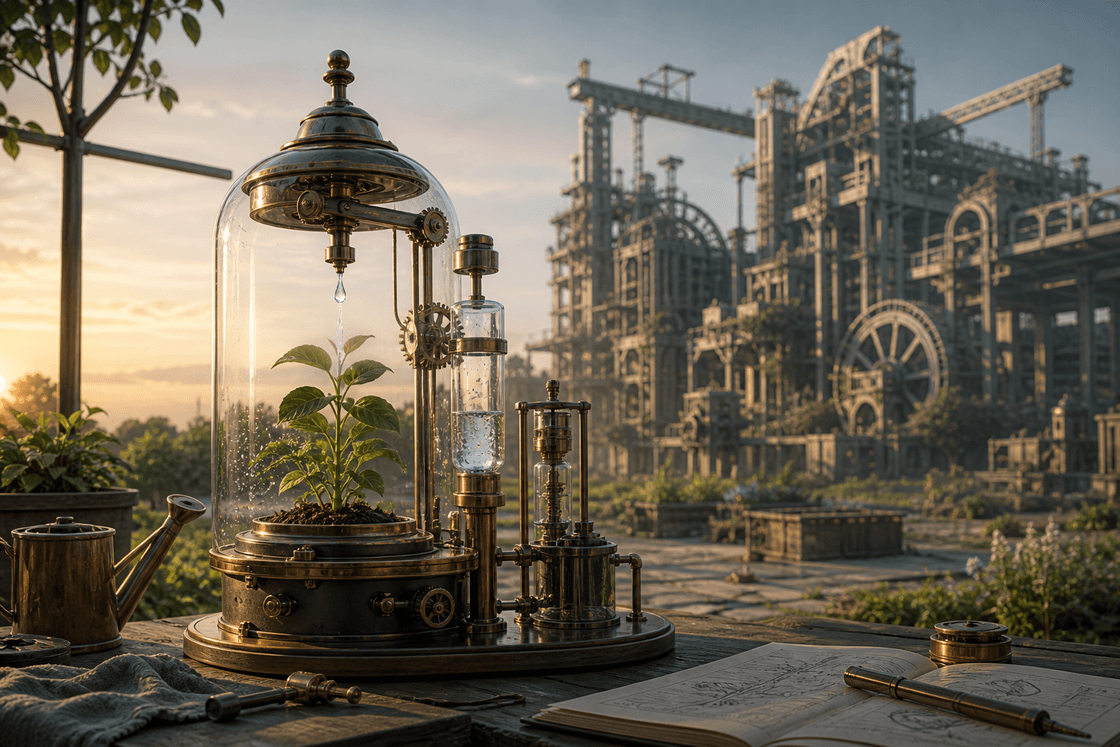 A compact clockwork greenhouse tends one thriving plant while an enormous unfinished autonomous factory stands idle in the distance